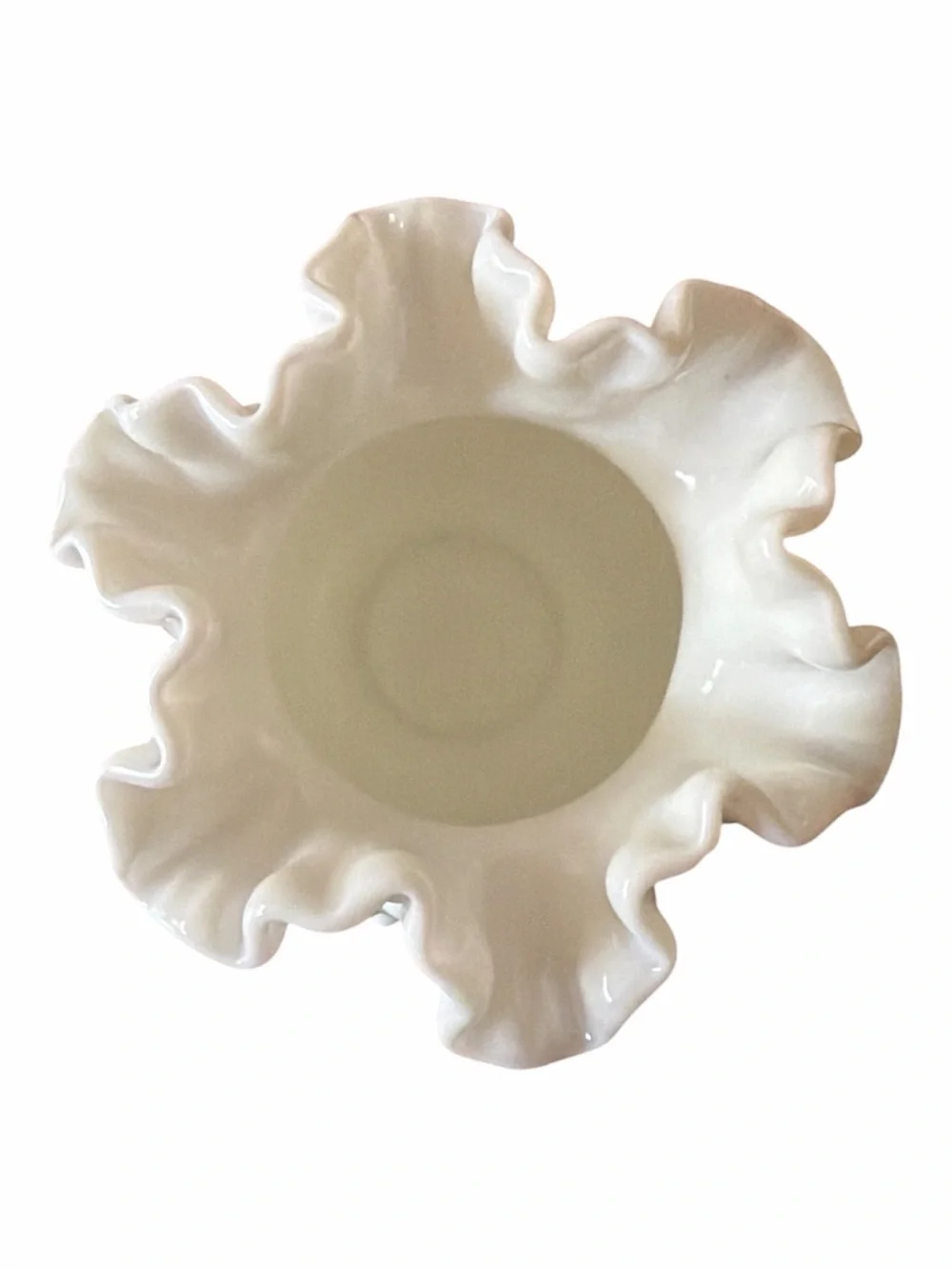 Vintage Fenton White Milk Hobnail Ruffled Rim Large Rose Bowl Vase - 6 1/8